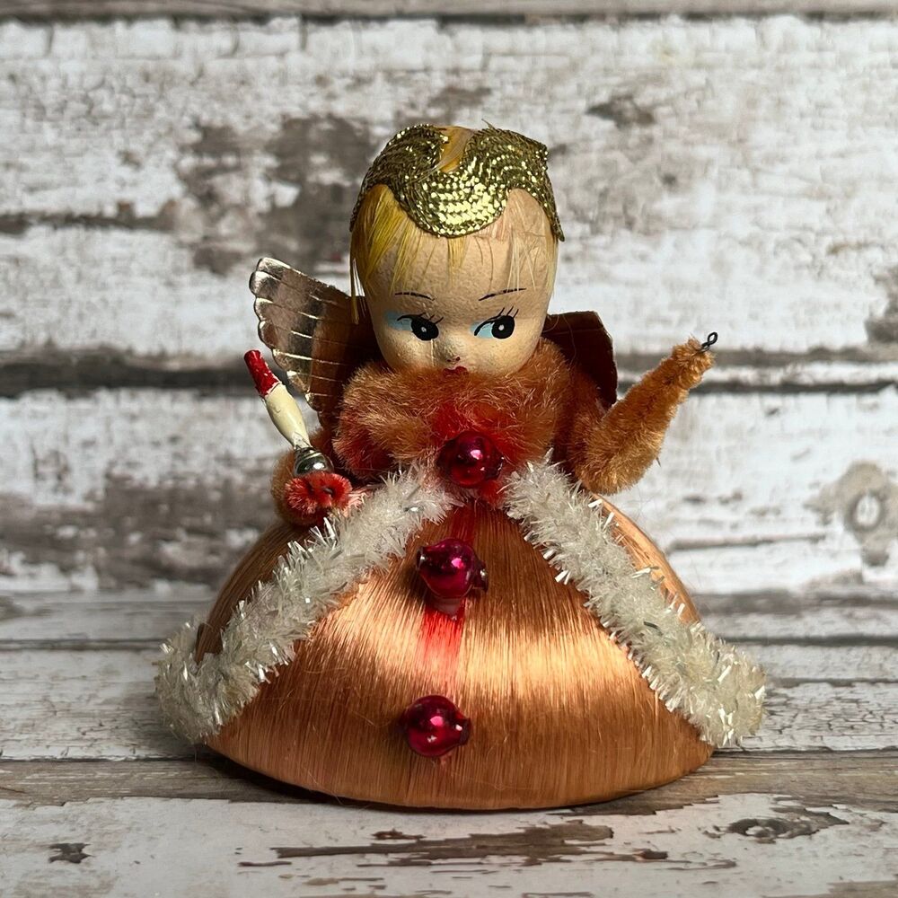 Vintage Christmas Composite Paper Mache Angel Ornament MCM Satin Japan